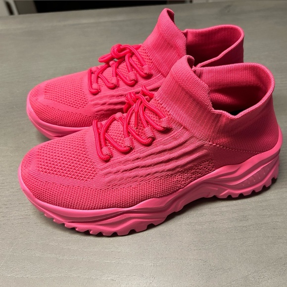 Chunky Sneakers For Women, Neon Pink Knit Detail Lace-Up Front Sneakers NWOT - Picture 5 of 9